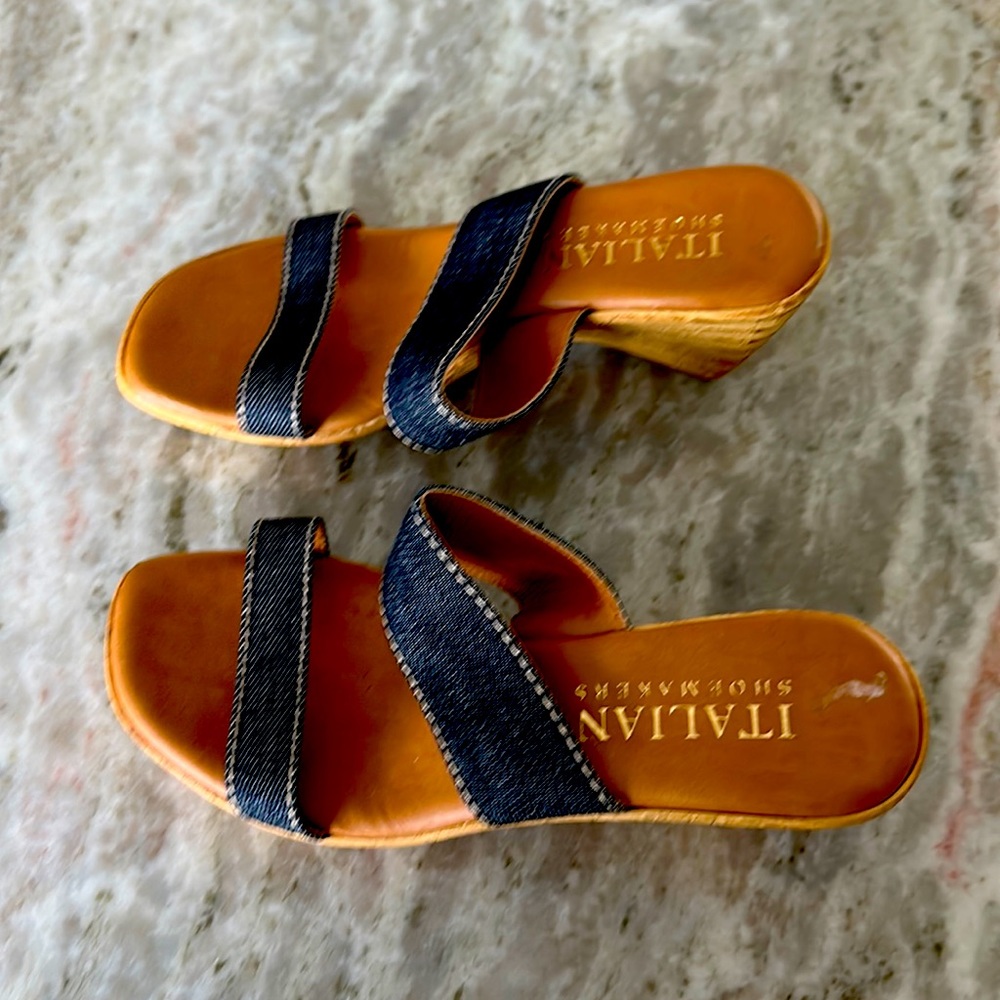 Italian shoemaker sandals slides navy blue jeans fabric, size 6.5